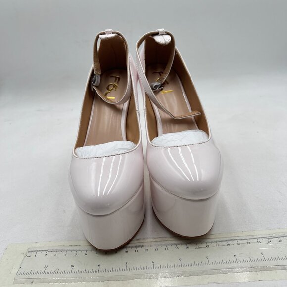 FSJ Beige Platform Chunky High Heel Sexy Square Closed Toe Ankle Strap Pumps - Picture 4 of 9